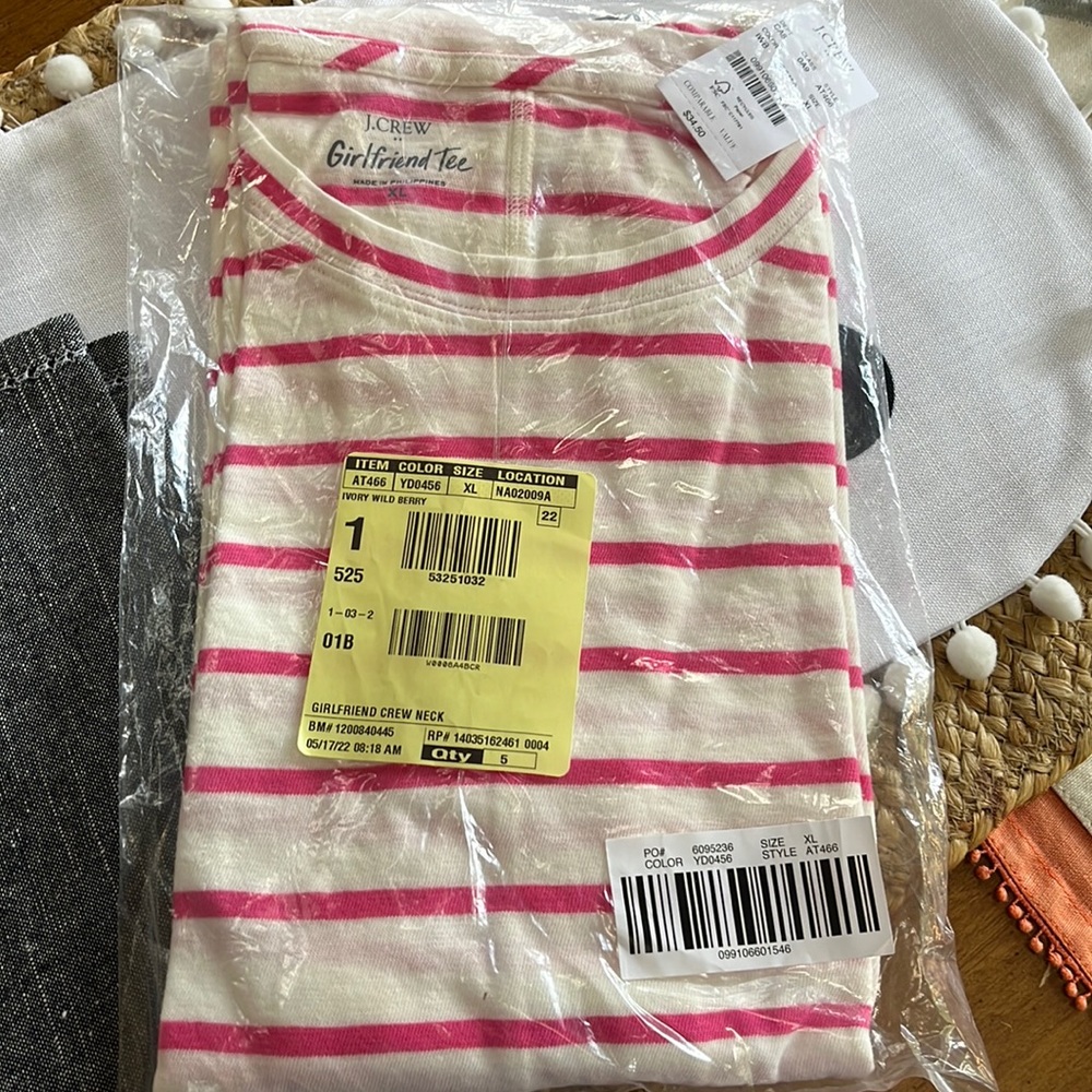 J crew girlfriend tee pink stripe xl NWT